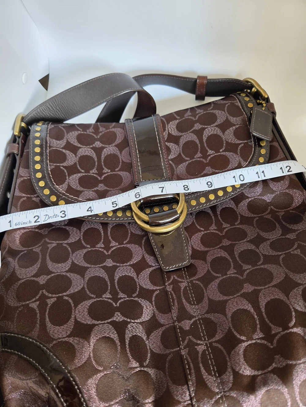 Coach Brown Signature Monogram Shoulder Bag with Gold Stud Accents, Dust Bag,Y2K